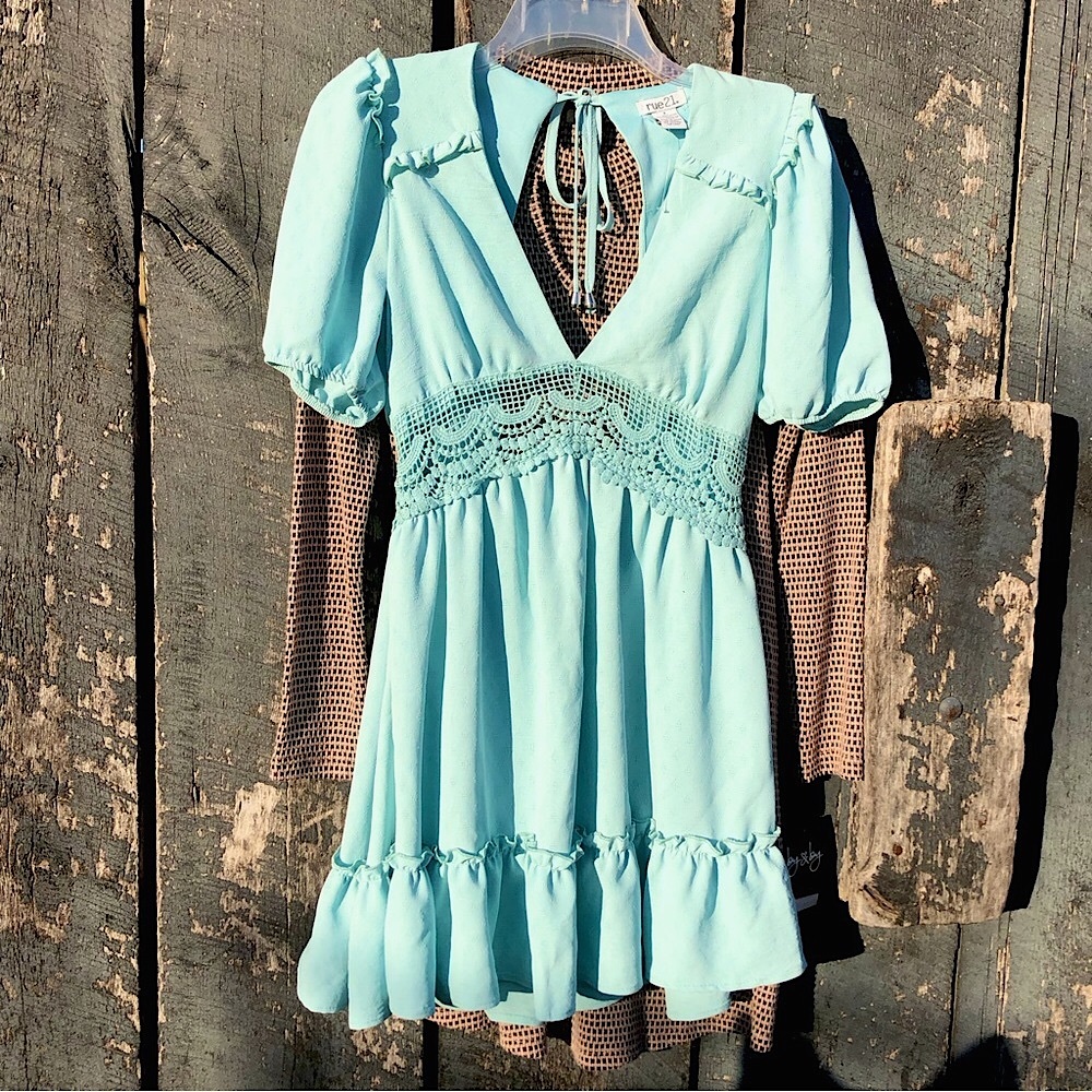 Rue 21 Boho Puff Sleeve Crochet Mini Dress Light Blue Size Small NWOT